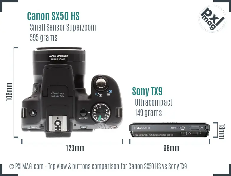 Canon SX50 HS vs Sony TX9 top view buttons comparison