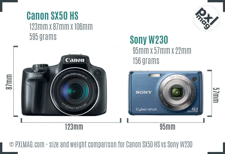 Canon SX50 HS vs Sony W230 size comparison