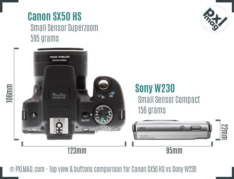 Canon SX50 HS vs Sony W230 top view buttons comparison