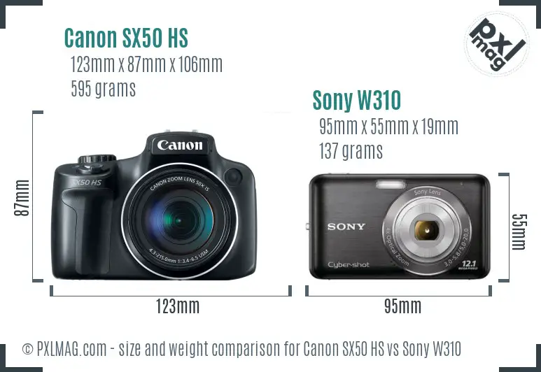 Canon SX50 HS vs Sony W310 size comparison