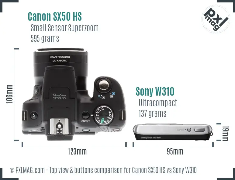 Canon SX50 HS vs Sony W310 top view buttons comparison