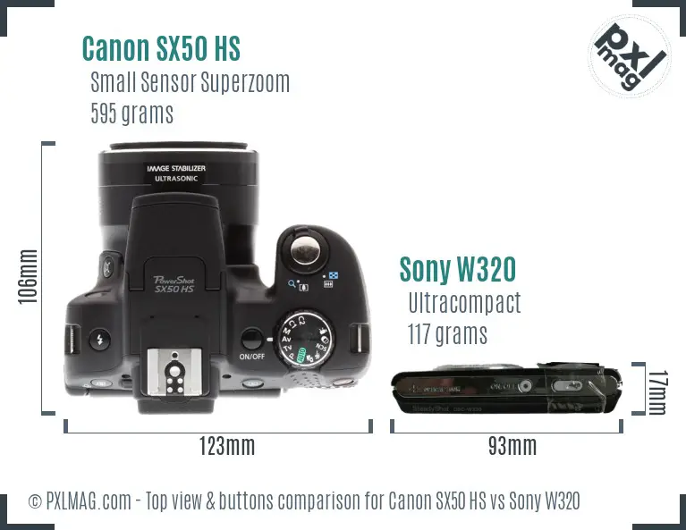 Canon SX50 HS vs Sony W320 top view buttons comparison