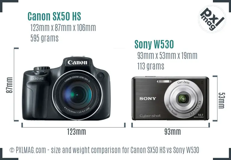Canon SX50 HS vs Sony W530 size comparison