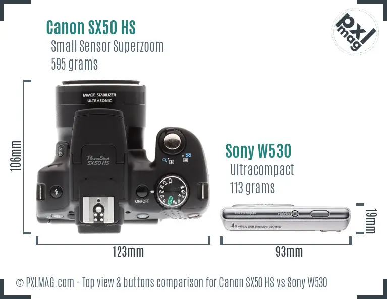 Canon SX50 HS vs Sony W530 top view buttons comparison