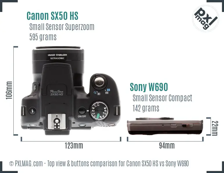Canon SX50 HS vs Sony W690 top view buttons comparison Canon SX50 HS vs Sony W690 top view buttons comparison