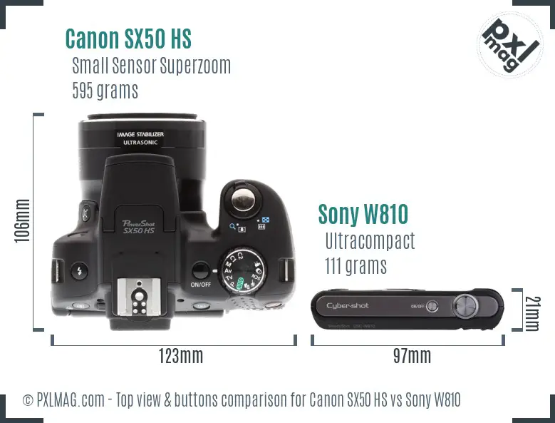 Canon SX50 HS vs Sony W810 top view buttons comparison Canon SX50 HS vs Sony W810 top view buttons comparison