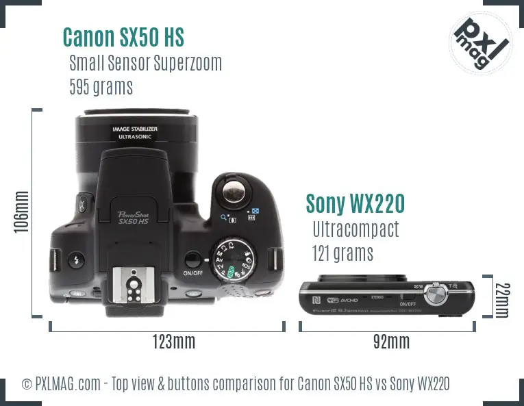 Canon SX50 HS vs Sony WX220 top view buttons comparison