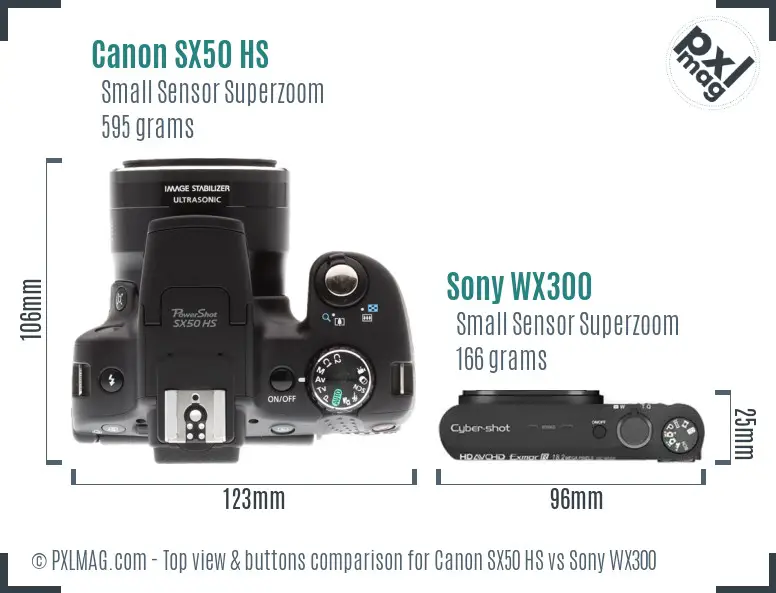 Canon SX50 HS vs Sony WX300 top view buttons comparison