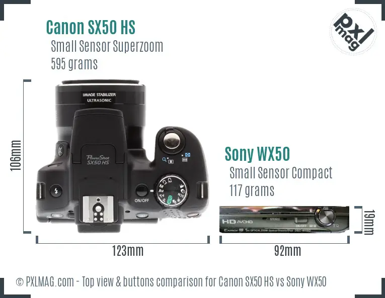 Canon SX50 HS vs Sony WX50 top view buttons comparison Canon SX50 HS vs Sony WX50 top view buttons comparison