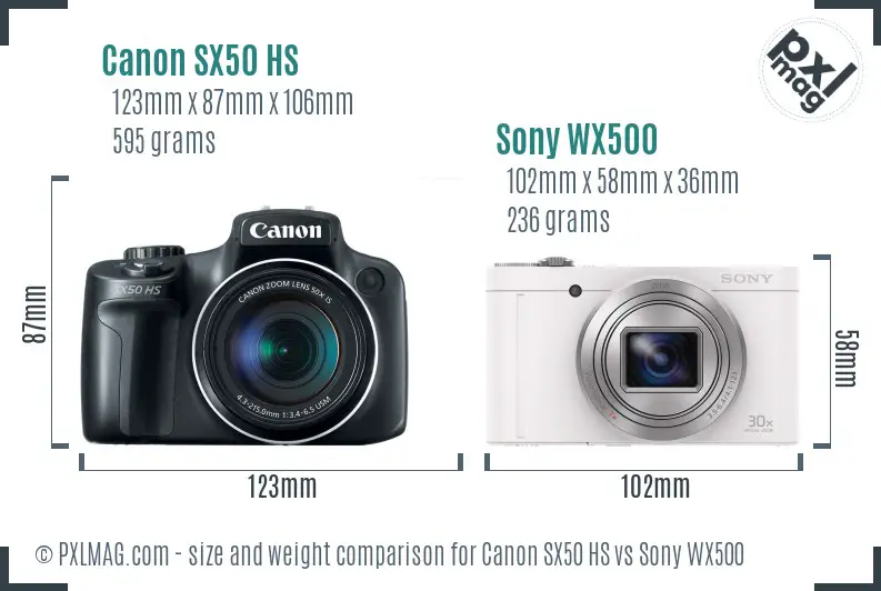 Canon SX50 HS vs Sony WX500 size comparison