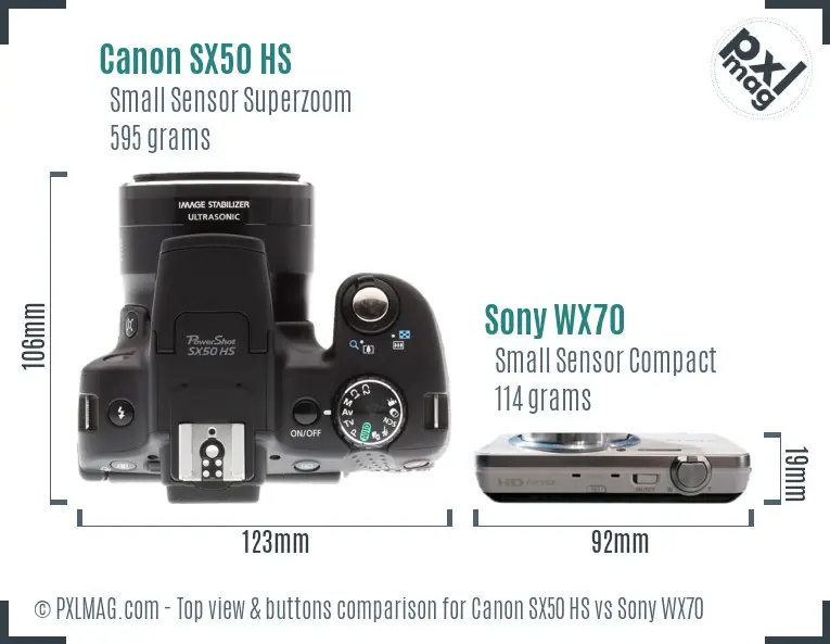 Canon SX50 HS vs Sony WX70 top view buttons comparison