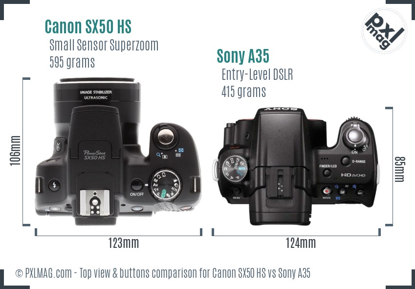 Canon SX50 HS vs Sony A35 top view buttons comparison