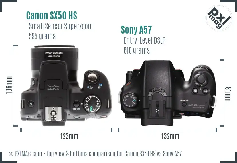 Canon SX50 HS vs Sony A57 top view buttons comparison Canon SX50 HS vs Sony A57 top view buttons comparison
