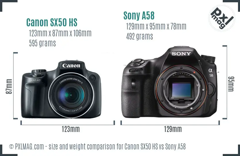 Canon SX50 HS vs Sony A58 size comparison Canon SX50 HS vs Sony A58 size comparison
