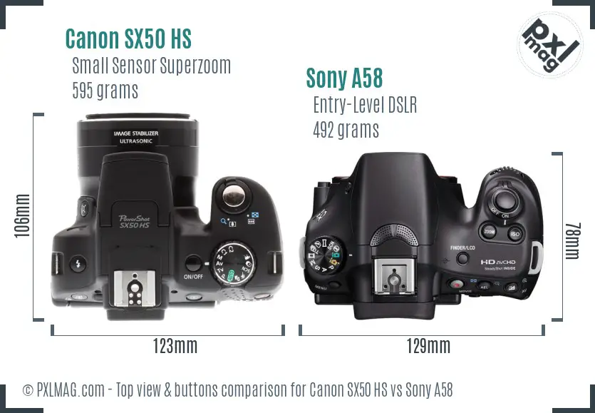 Canon SX50 HS vs Sony A58 top view buttons comparison