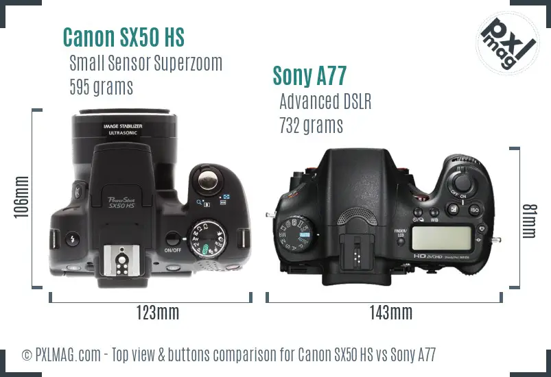 Canon SX50 HS vs Sony A77 top view buttons comparison
