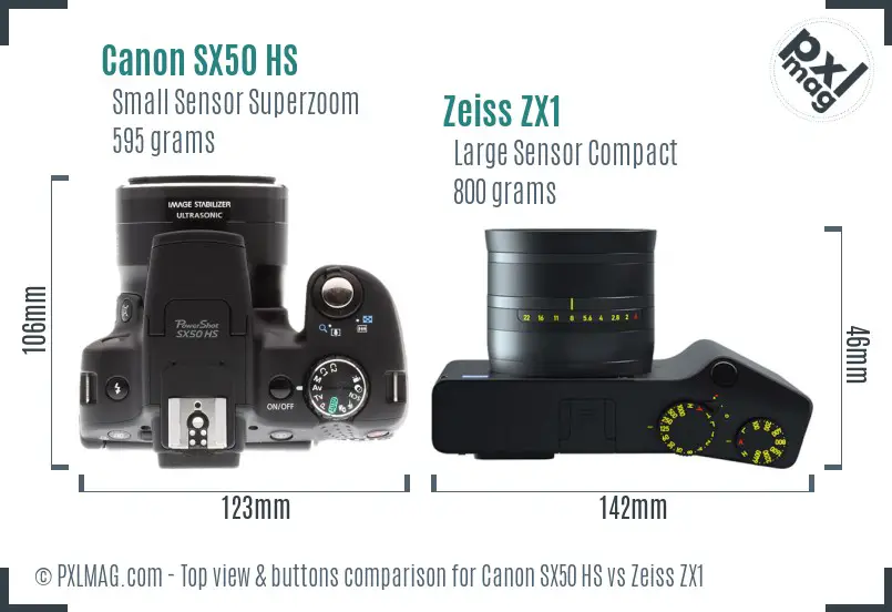 Canon SX50 HS vs Zeiss ZX1 top view buttons comparison