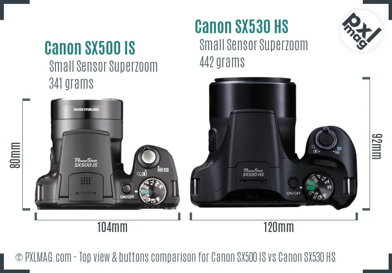 Canon SX500 IS vs Canon SX530 HS top view buttons comparison