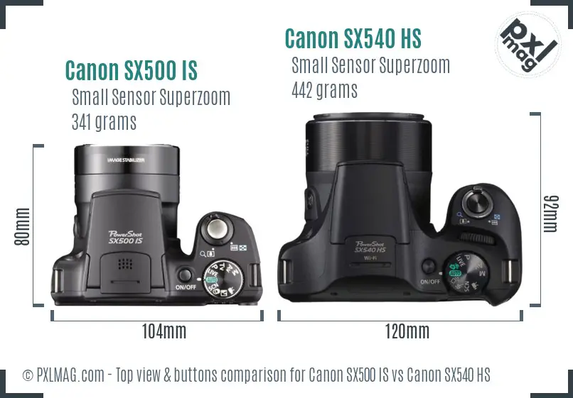 Canon SX500 IS vs Canon SX540 HS top view buttons comparison