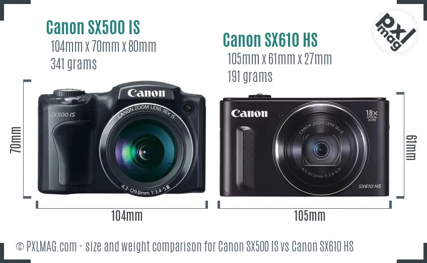 Canon SX500 IS vs Canon SX610 HS size comparison
