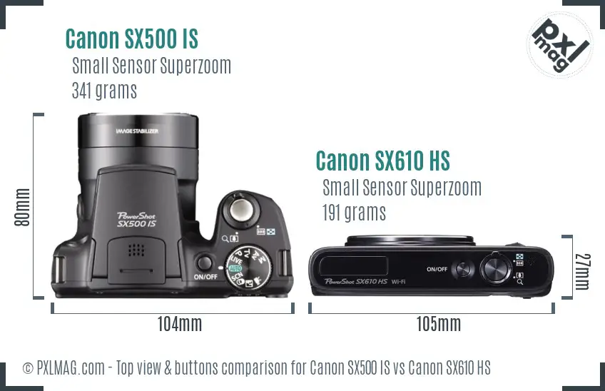 Canon SX500 IS vs Canon SX610 HS top view buttons comparison