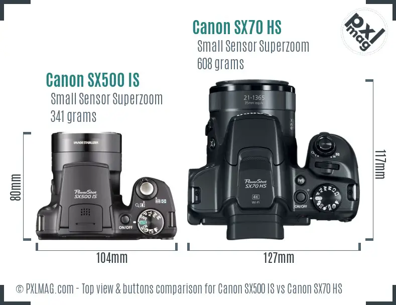 Canon SX500 IS vs Canon SX70 HS top view buttons comparison
