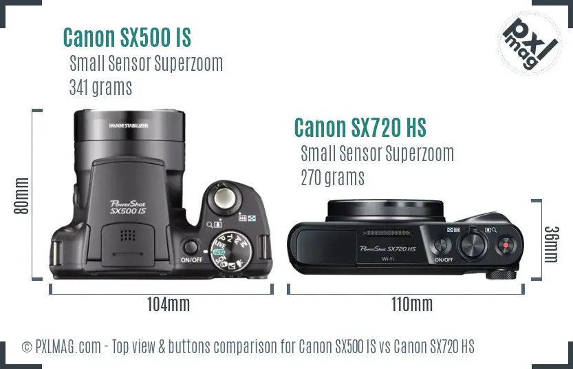 Canon SX500 IS vs Canon SX720 HS top view buttons comparison