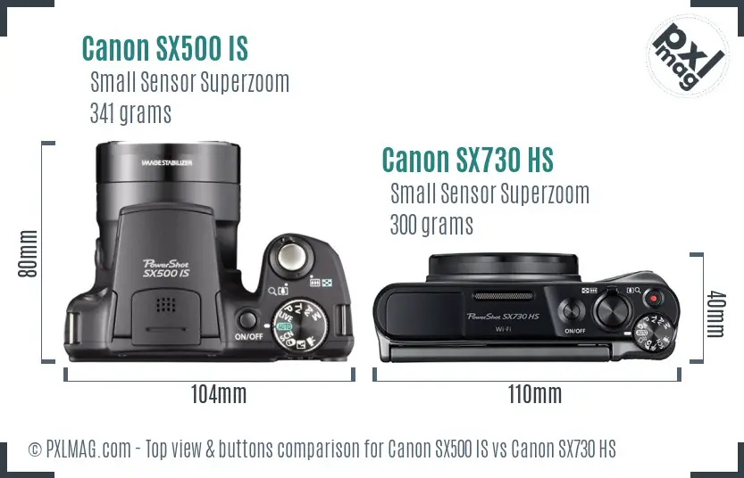Canon SX500 IS vs Canon SX730 HS top view buttons comparison
