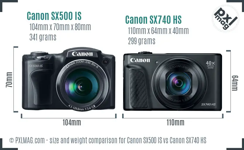 Canon SX500 IS vs Canon SX740 HS size comparison