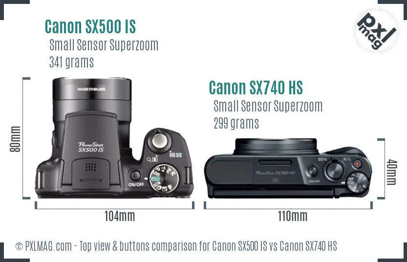 Canon SX500 IS vs Canon SX740 HS top view buttons comparison