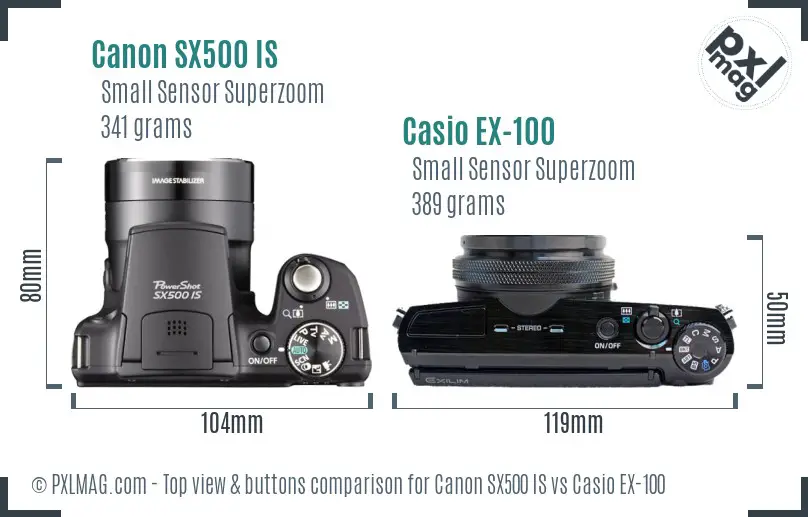 Canon SX500 IS vs Casio EX-100 top view buttons comparison