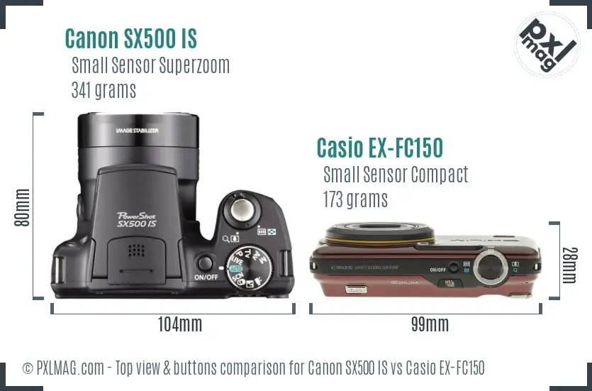 Canon SX500 IS vs Casio EX-FC150 top view buttons comparison Canon SX500 IS vs Casio EX-FC150 top view buttons comparison