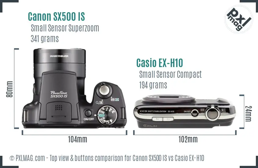 Canon SX500 IS vs Casio EX-H10 top view buttons comparison