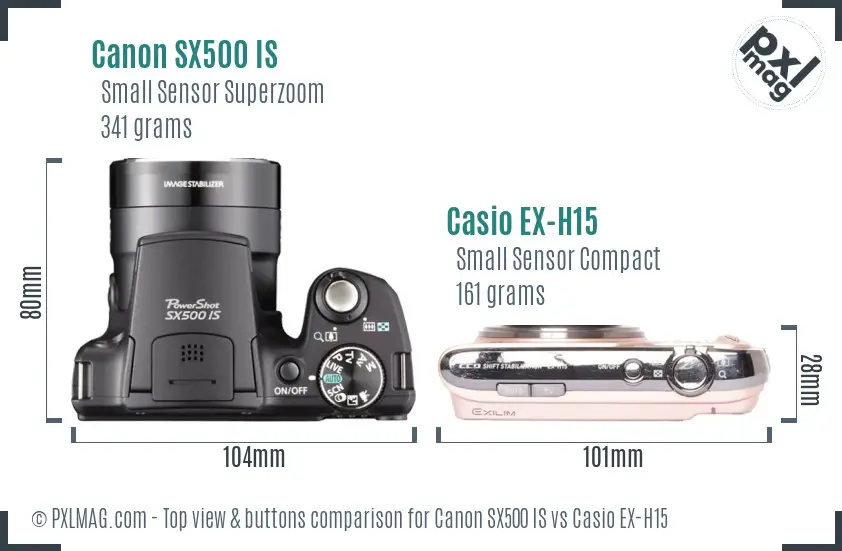 Canon SX500 IS vs Casio EX-H15 top view buttons comparison Canon SX500 IS vs Casio EX-H15 top view buttons comparison