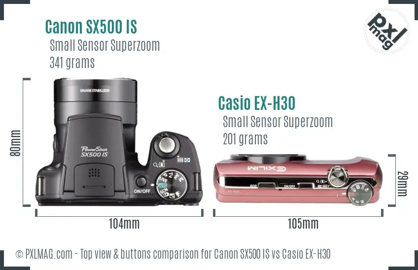 Canon SX500 IS vs Casio EX-H30 top view buttons comparison