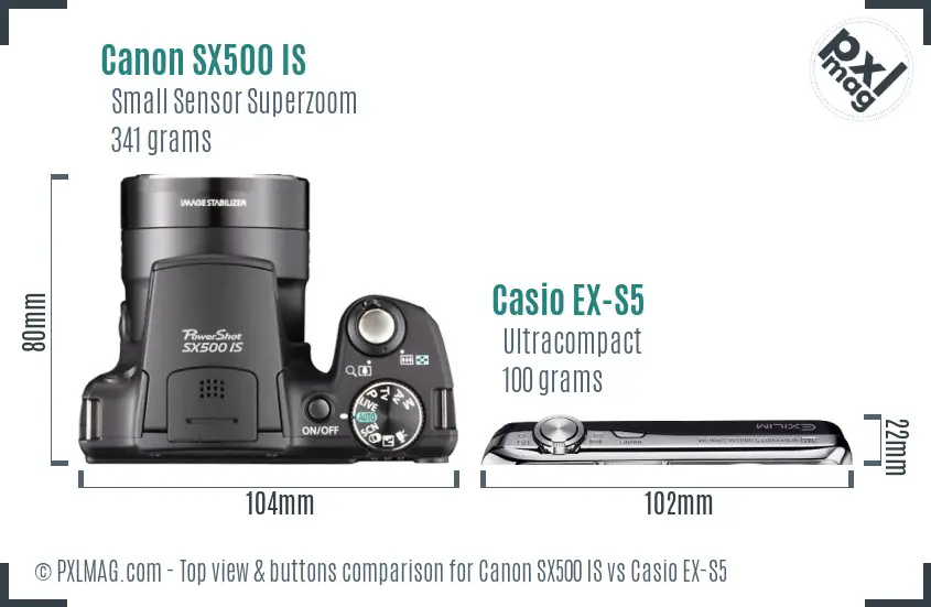 Canon SX500 IS vs Casio EX-S5 top view buttons comparison