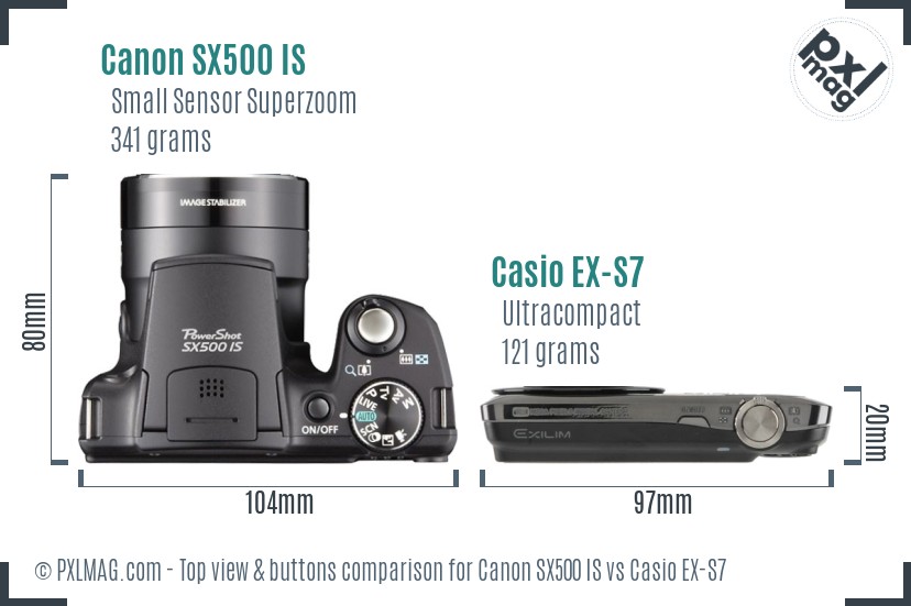 Canon SX500 IS vs Casio EX-S7 top view buttons comparison