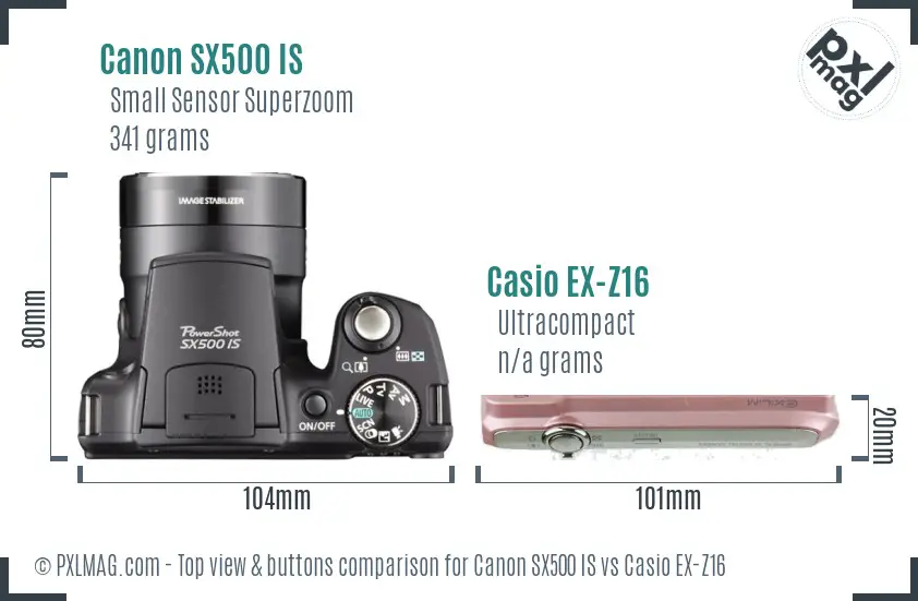 Canon SX500 IS vs Casio EX-Z16 top view buttons comparison Canon SX500 IS vs Casio EX-Z16 top view buttons comparison