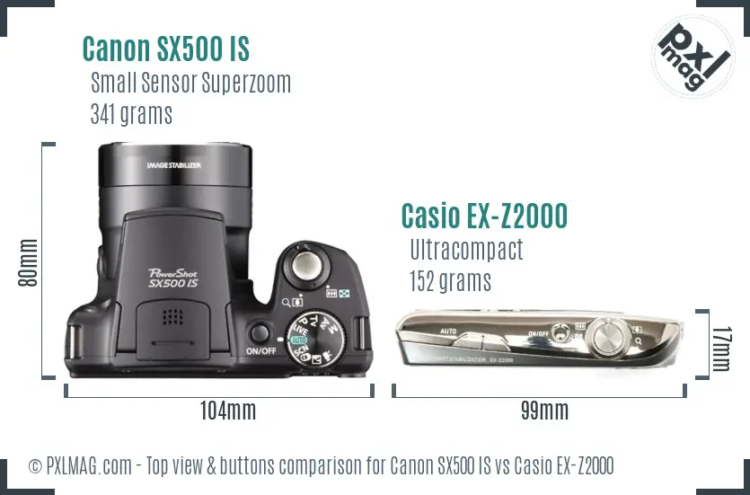 Canon SX500 IS vs Casio EX-Z2000 top view buttons comparison Canon SX500 IS vs Casio EX-Z2000 top view buttons comparison