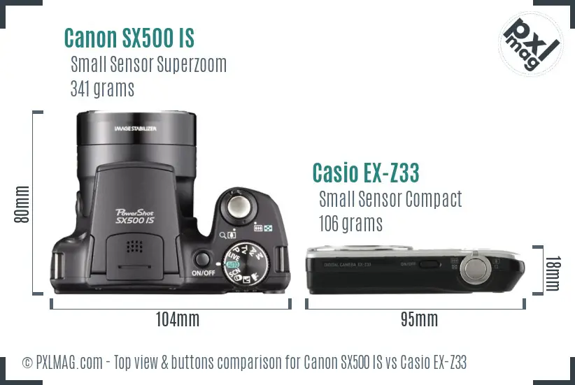 Canon SX500 IS vs Casio EX-Z33 top view buttons comparison