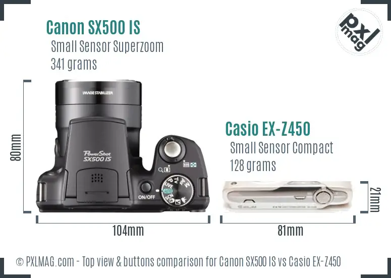 Canon SX500 IS vs Casio EX-Z450 top view buttons comparison