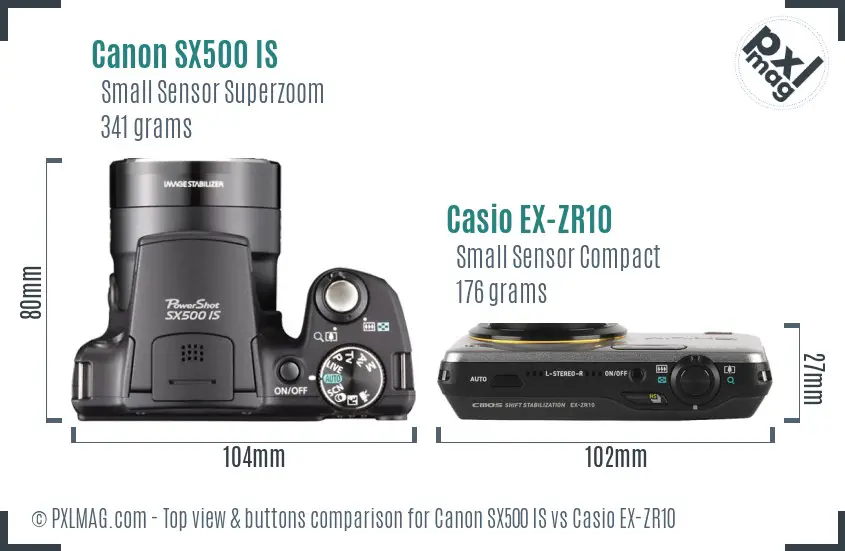Canon SX500 IS vs Casio EX-ZR10 top view buttons comparison