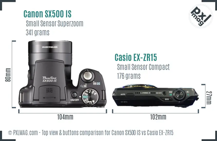 Canon SX500 IS vs Casio EX-ZR15 top view buttons comparison
