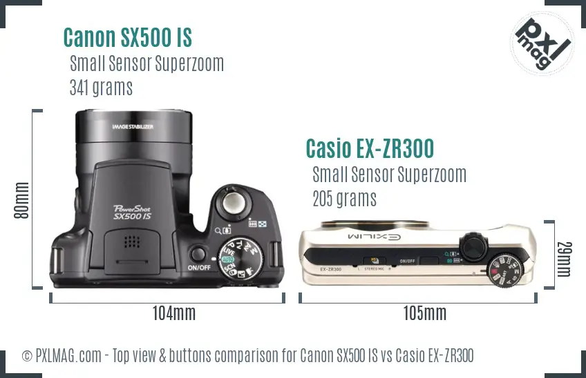 Canon SX500 IS vs Casio EX-ZR300 top view buttons comparison Canon SX500 IS vs Casio EX-ZR300 top view buttons comparison
