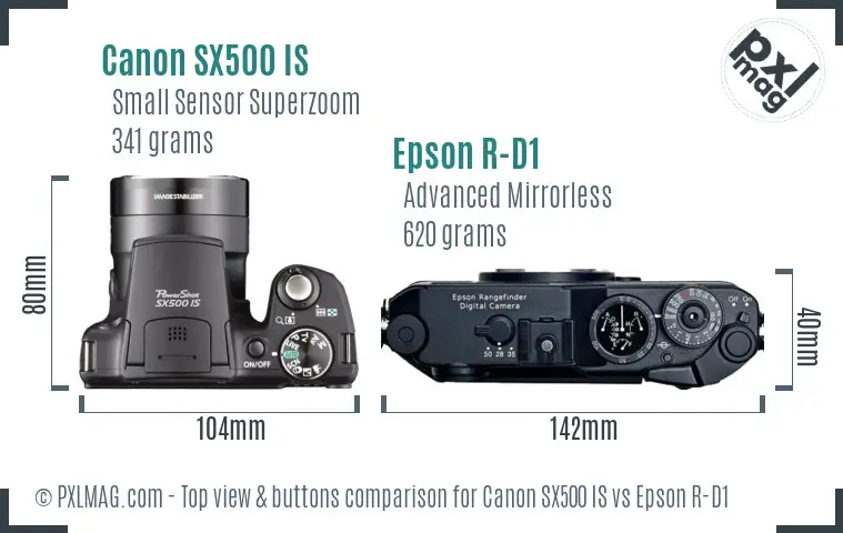 Canon SX500 IS vs Epson R-D1 top view buttons comparison Canon SX500 IS vs Epson R-D1 top view buttons comparison