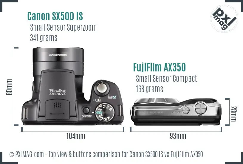 Canon SX500 IS vs FujiFilm AX350 top view buttons comparison