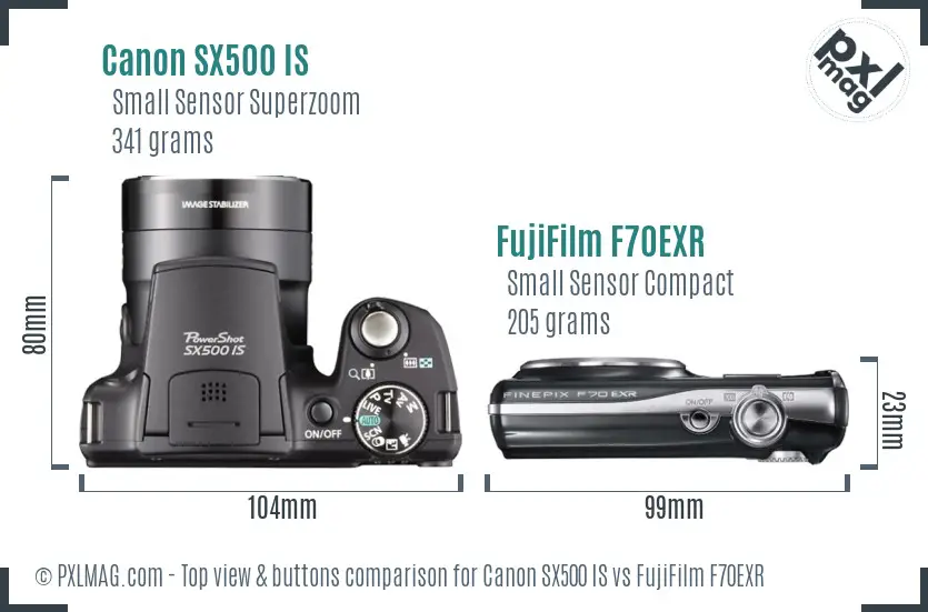 Canon SX500 IS vs FujiFilm F70EXR top view buttons comparison Canon SX500 IS vs FujiFilm F70EXR top view buttons comparison