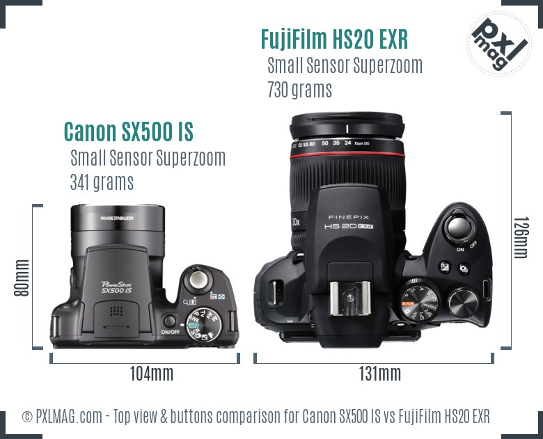 Canon SX500 IS vs FujiFilm HS20 EXR top view buttons comparison