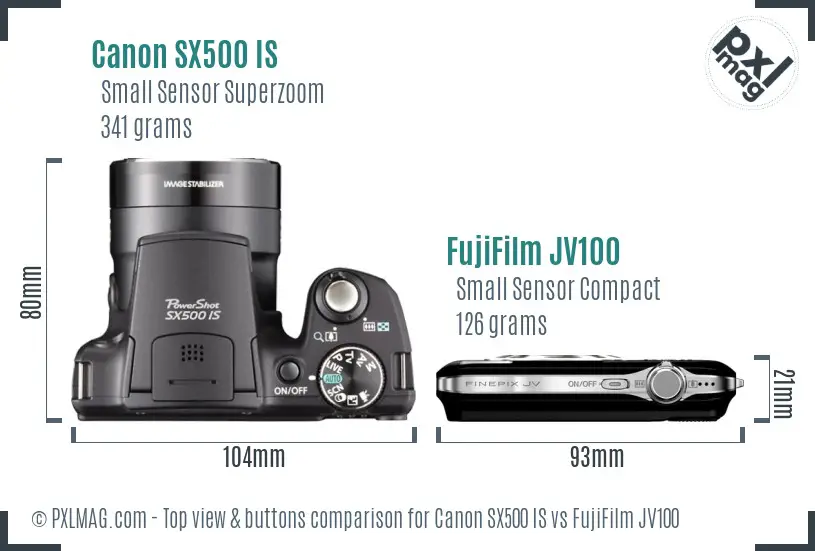 Canon SX500 IS vs FujiFilm JV100 top view buttons comparison