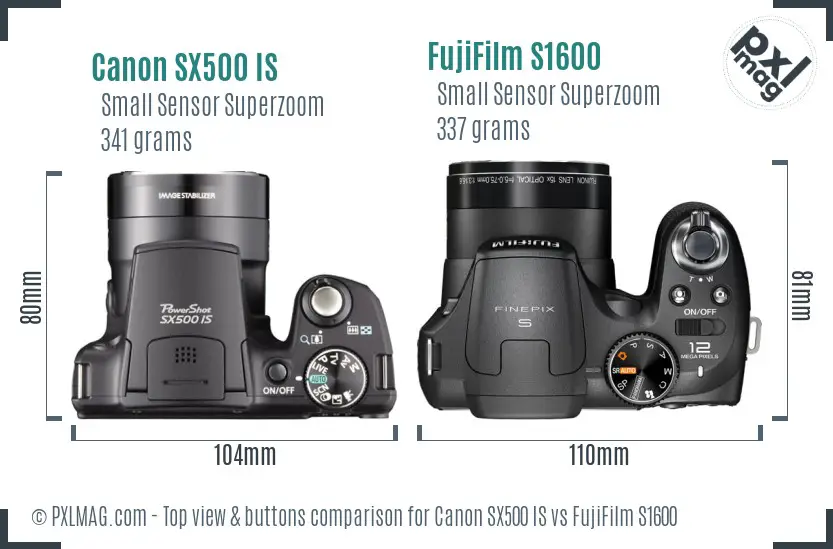 Canon SX500 IS vs FujiFilm S1600 top view buttons comparison